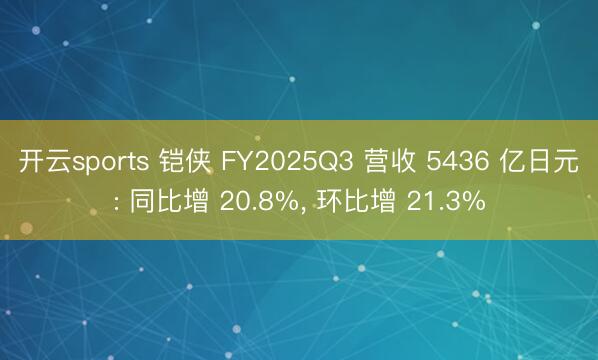 开云sports 铠侠 FY2025Q3 营收 5436 亿日元: 同比增 20.8%， 环比增 21.3%